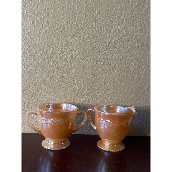 Vintage Fire-King Peach Lustre Creamer & Sugar Set With Laurel Pattern - Picture 7 of 8